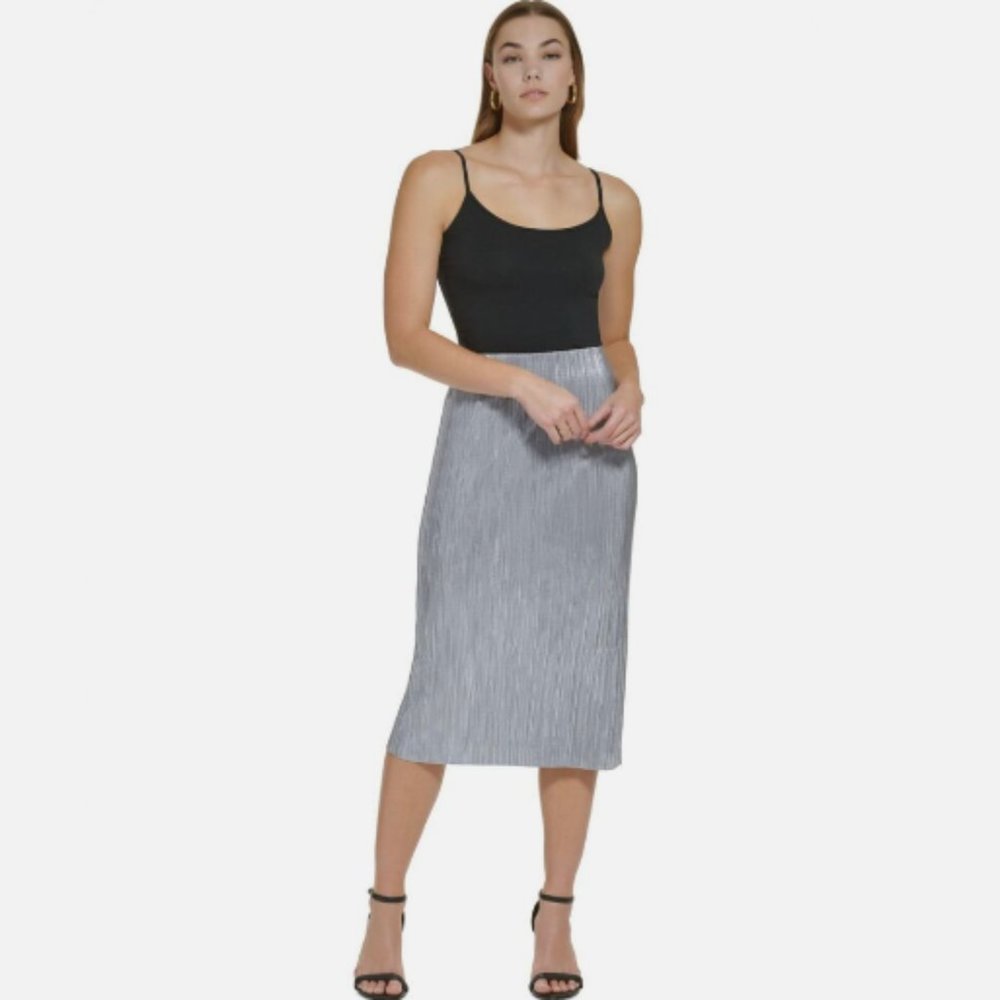 Calvin Klein Pleated Metallic Midi Skirt Silver Gray Size XS NWT